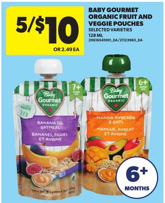 BABY GOURMET ORGANIC FRUIT AND VEGGIE POUCHES, 128 ML