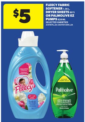 FLEECY FABRIC SOFTENER, 1.36 L, DRYER SHEETS, 80'S OR PALMOLIVE EZ PUMPS, 828 ML