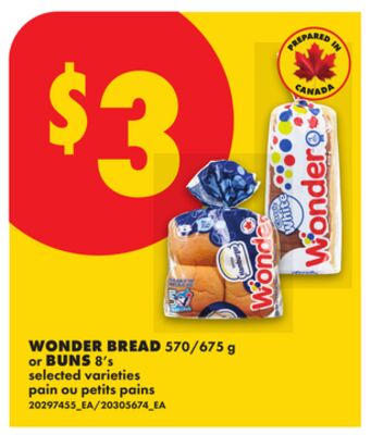 WONDER BREAD, 570/675 g or BUNS, 8's
