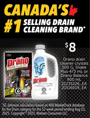 DRANO DRAIN CLEANER CRYSTALS, 500 G, SNAKE PLUS, 473 ML OR DRANO BALANCE, 900 ML