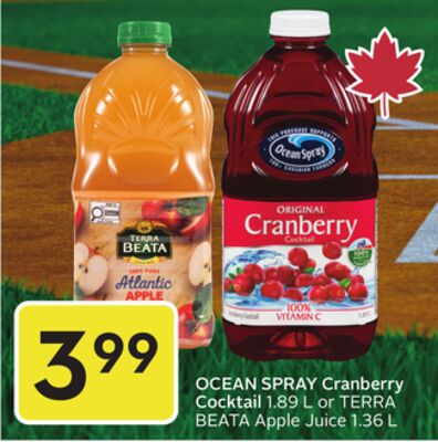 OCEAN SPRAY Cranberry Cocktail 1.89 L or TERRA BEATA Apple Juice 1.36 L
