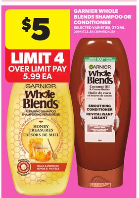 GARNIER WHOLE BLENDS SHAMPOO OR CONDITIONER, 370 ML