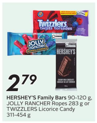 HERSHEY'S Family Bars 90-120 g, JOLLY RANCHER Ropes 283 g or TWIZZLERS Licorice Candy 311-454 g