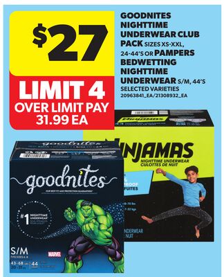GOODNITES NIGHTTIME UNDERWEAR CLUB PACK SIZES XS-XXL, 24-44'S OR PAMPERS BEDWETTING NIGHTTIME UNDERWEAR S/M, 44'S
