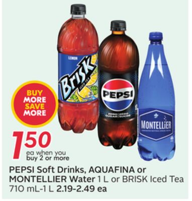 PEPSI Soft Drinks, AQUAFINA or MONTELLIER Water 1 L or BRISK Iced Tea