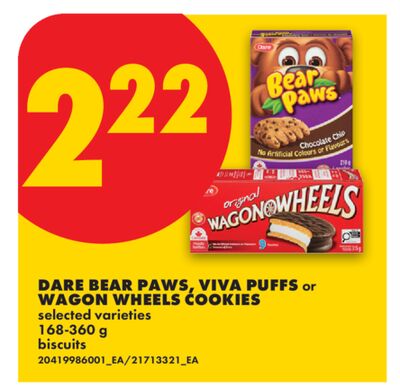 DARE BEAR PAWS, VIVA PUFFS or WAGON WHEELS COOKIES, 168-360 g