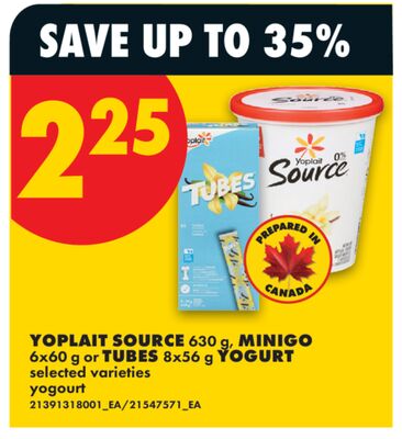 YOPLAIT SOURCE, 630 g, MINIGO 6x60 g or TUBES, 8x56 g YOGURT