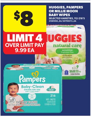 HUGGIES, PAMPERS OR MILLIE MOON BABY WIPES, 112-216'S