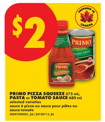 PRIMO PIZZA SQUEEZE, 375 mL, PASTA or TOMATO SAUCE, 680 mL