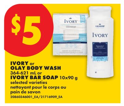 IVORY or OLAY BODY WASH, 364-621 mL or IVORY BAR SOAP, 10x90 g