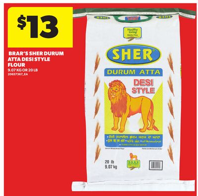 BRAR'S SHER DURUM ATTA DESI STYLE FLOUR, 9.07 KG OR 20 LB