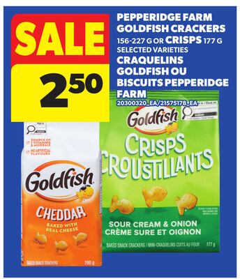 PEPPERIDGE FARM GOLDFISH CRACKERS, 156-227 G OR CRISPS, 177 G