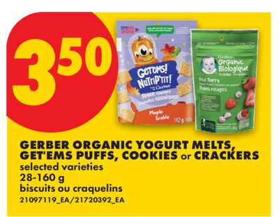GERBER ORGANIC YOGURT MELTS, GET'EMS PUFFS, COOKIES or CRACKERS, 28-160 g