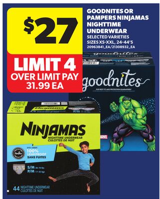 GOODNITES OR PAMPERS NINJAMAS NIGHTTIME UNDERWEAR, SIZES XS-XXL, 24-44'S