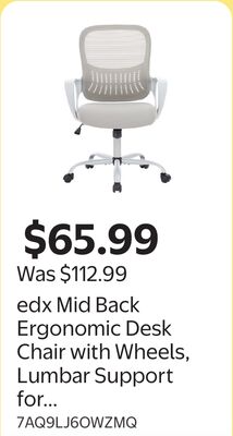 edx Mid Back Ergonomic Desk Chair with Wheels, Lumbar Support for Home Office, Bedroom, Black