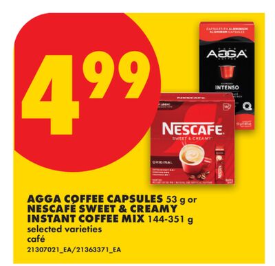 AGGA COFFEE CAPSULES, 53 g or NESCAFE SWEET & CREAMY INSTANT COFFEE MIX, 144-351 g