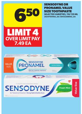 SENSODYNE OR PRONAMEL VALUE SIZE TOOTHPASTE, 110/135 ML