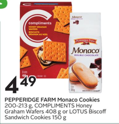 PEPPERIDGE FARM Monaco Cookies 200-213 g, COMPLIMENTS Honey Graham Wafers 408 g or LOTUS Biscoff Sandwich Cookies 150 g