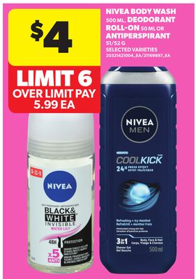 NIVEA BODY WASH 500 ML, DEODORANT ROLL-ON 50 ML OR ANTIPERSPIRANT 51/52 G