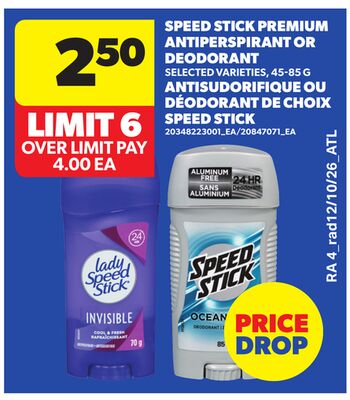 SPEED STICK PREMIUM ANTIPERSPIRANT OR DEODORANT, 45-85 G