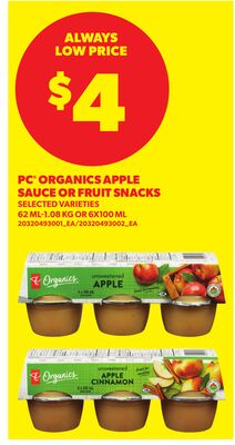 PC® ORGANICS APPLE SAUCE OR FRUIT SNACKS, 62 ML-1.08 KG OR 6X100 ML