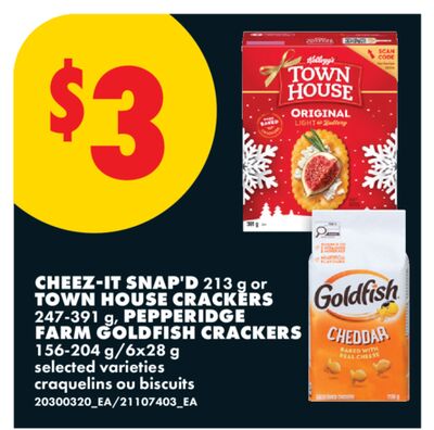 CHEEZ-IT SNAP'D, 213 g or TOWN HOUSE CRACKERS, 247-391 g, PEPPERIDGE FARM GOLDFISH CRACKERS, 156-204 g/6x28 g