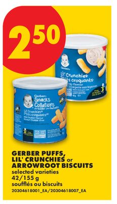 GERBER PUFFS, LIL' CRUNCHIES or ARROWROOT BISCUITS, 42/155 g