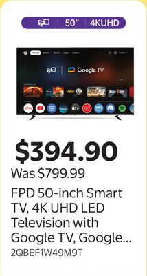 FPD 50-inch Smart TV, 4K UHD LED Television with Google TV, Google Cast Built-in, Dolby Atmos, Dolby Audio, HDR10, MEMC, Google Assistant Voice Remote